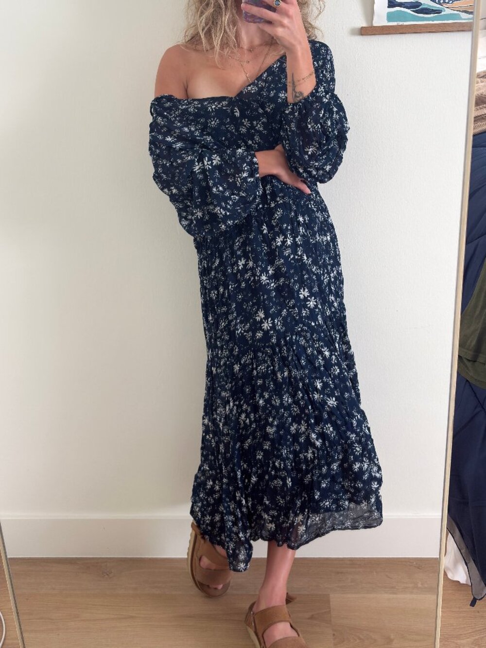 Off-Shoulder Navy Floral Maxi Dress